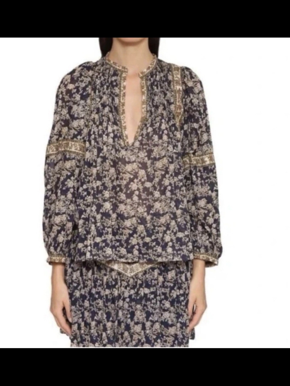 Navy Floral Split-Neck Peasant Blouse